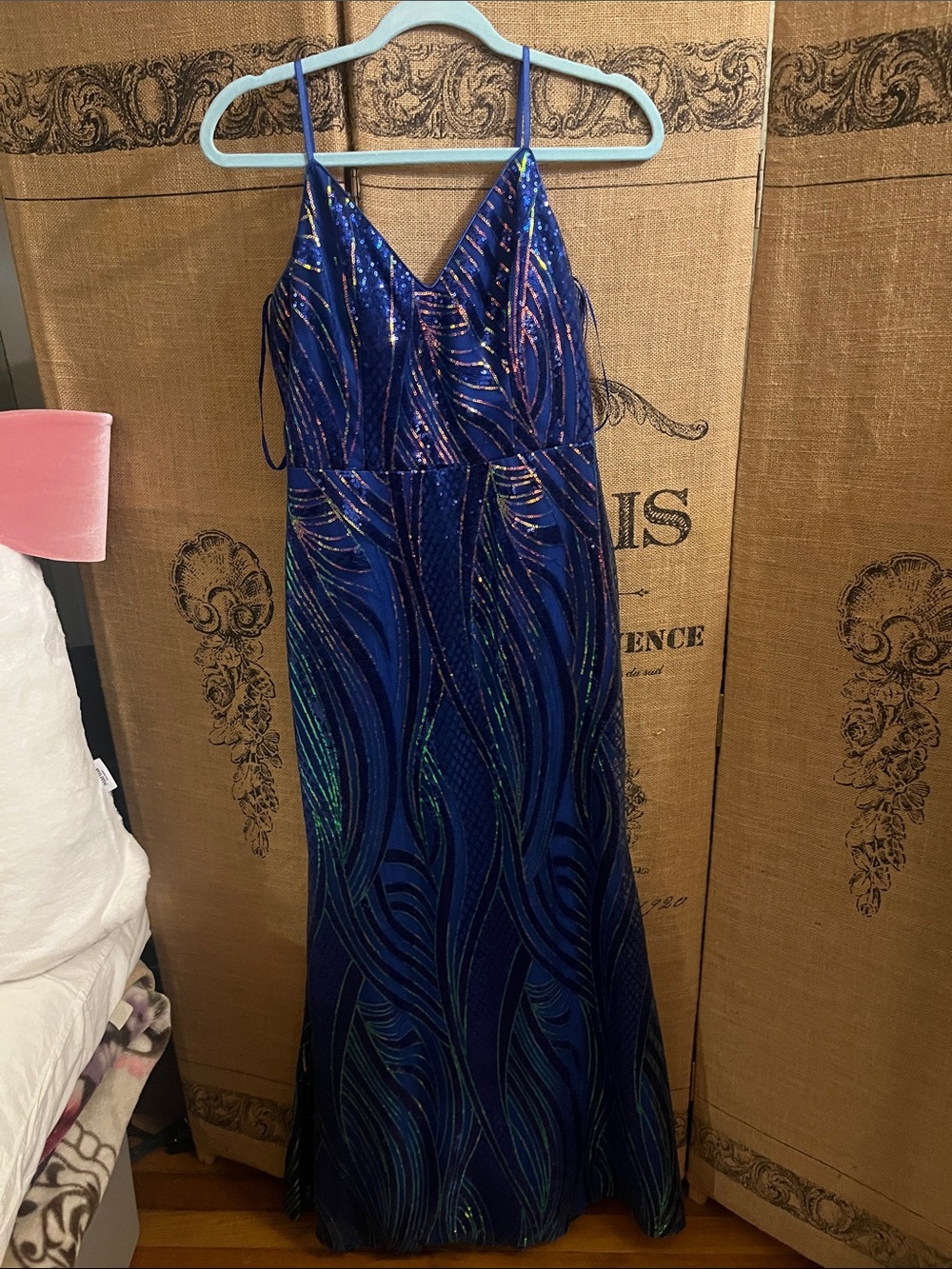 Mermaid Spaghetti-Strap Blue Sequin Evening Dress